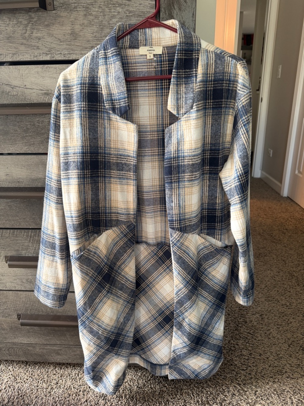 entro Blue and Cream Plaid Open-Front Coatigan